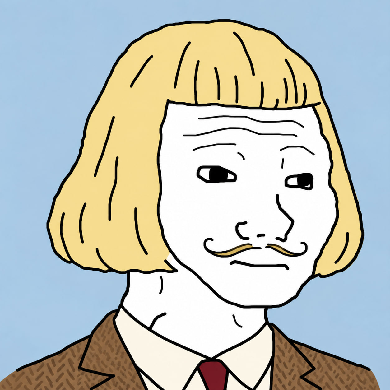 Wojak Phil in a brown suit against a powder-blue background